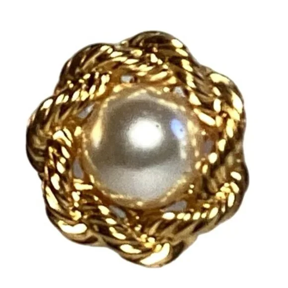 Napier Gold Tone Adjustable Clip On Earrings with Faux Pearl and a Rope Design - Picture 2 of 5